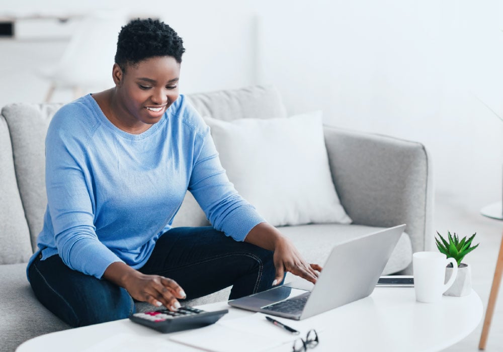 Smiling woman applying for financial aid.