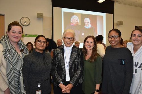 Barbara Taylor Bowman with students, faculty, and staff at her 90th birthday celebration