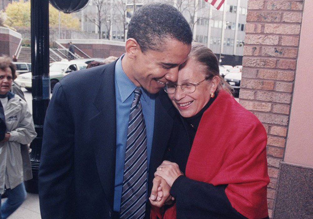 Barbara Bowman at her street dedication with Barack Obama