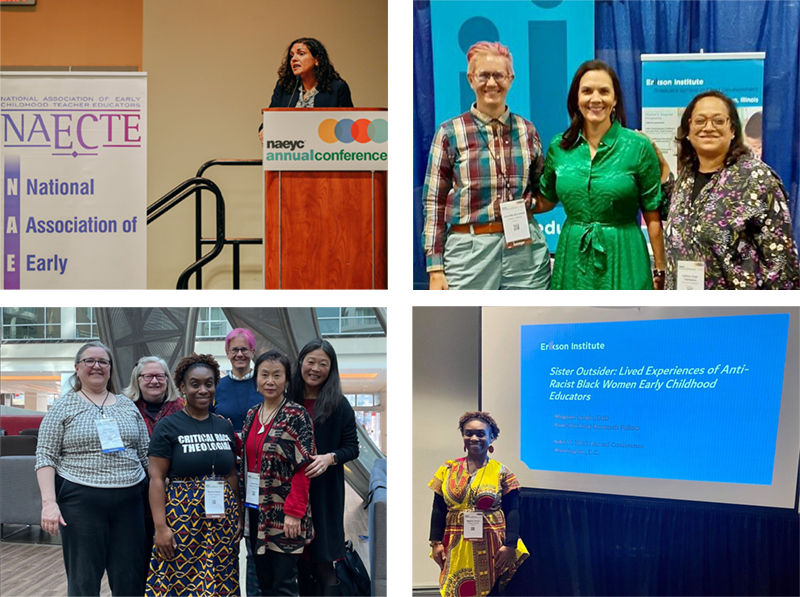 Top Left: President Souto-Manning delivers keynote at NAECTETop Right: Jeanette Banashak, NAEYC President Natalie Vega O'Neil, and Samina Hadi-TabassumBottom Left: Erikson Colleagues: L. Ginet, M. Gowin, J.Chen, M.Sipes, J.Banashak, and J.Park
Bottom Right: Meghan Gowin presenting on her dissertation