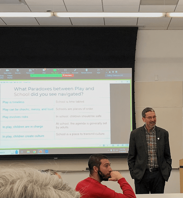 Dr. Ben Mardell, principal investigator and project director of the Pedagogy of Play presenting the “paradoxes” that face playful learning in classrooms today. These include: Play is timeless/school is time tabled, Play can be chaotic and messy/schools are paces of order, Play involves risks/in school children should be safe, In play children are in charge/in school the agenda is set by adults, In play children create culture/school is a place to transmit culture