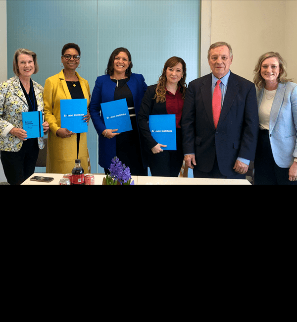 Left to Right: Sheila Haennicke, Andria Goss, Mariana Souto-Manning, Erika Flores, Senator Dick Durbin, and Maura Daly