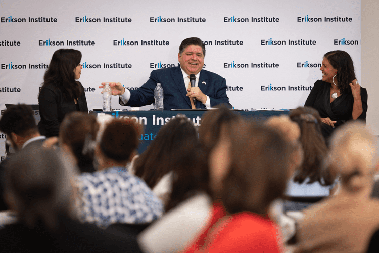 Pictured left to right: Deputy Chief of Staff for Mayor Brandon Johnson Cristina Pacione-Zayas, Governor J.B. Pritzker, and Erikson Institute President Mariana Souto-Manning