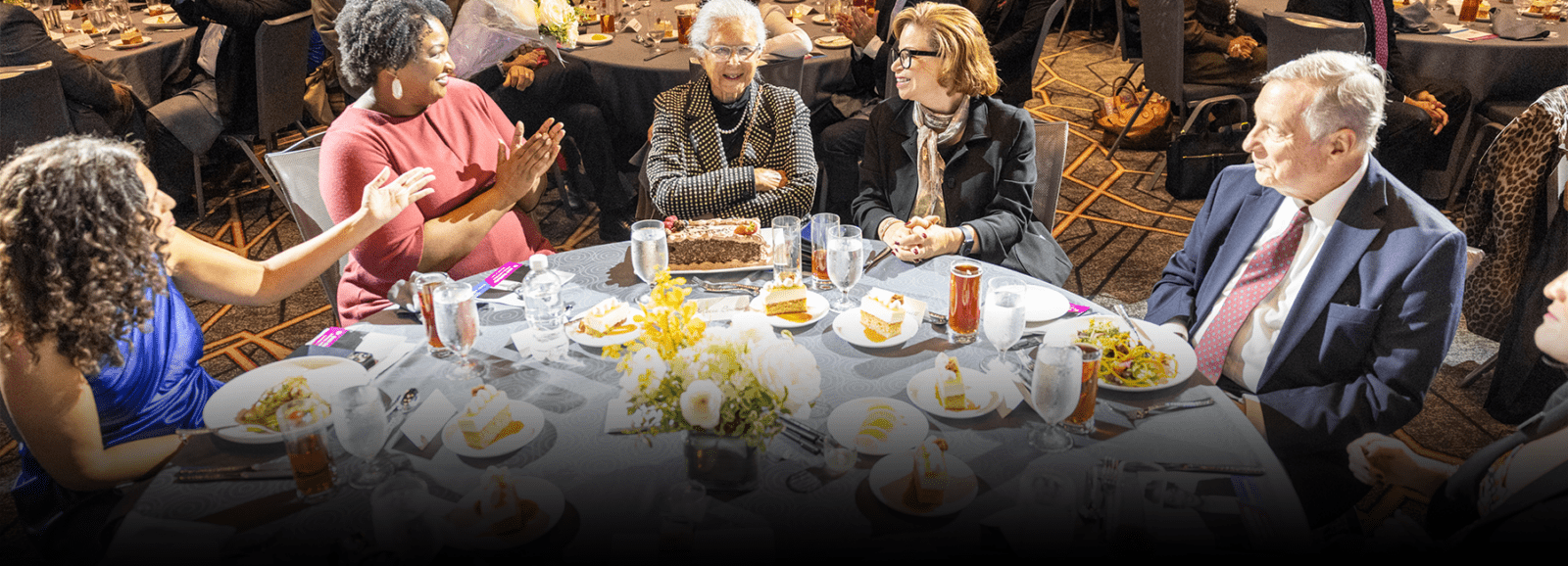 Mariana Soto-Manning, Stacey Abrams, Barbara Bowman, Valerie Jarret and Senator Dick Durbin celebrating Barbara’s birthday during 2023 Erikson Luncheon