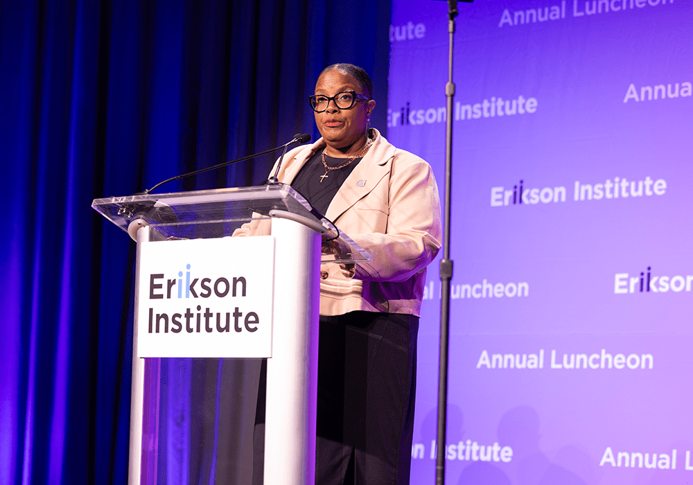 Leslie McKinily accepting award on behalf of Chicago Public Schools