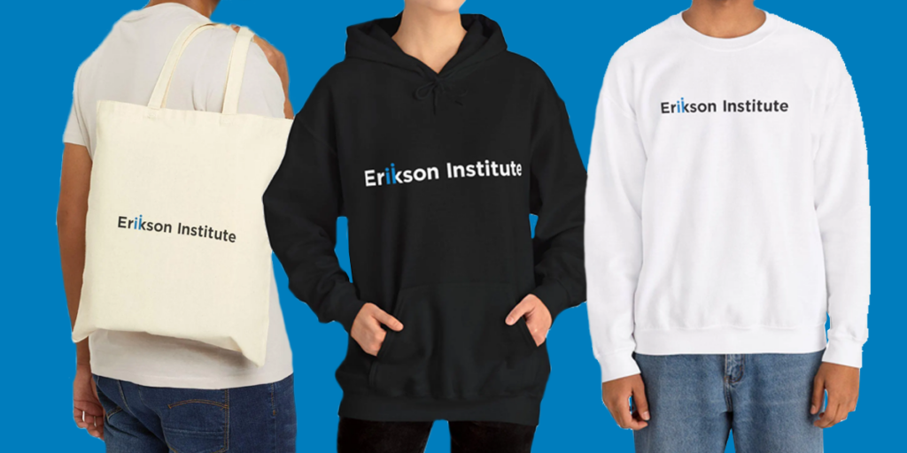 Three people modeling Erikson Institute merchandise including a beige tote bag, black hoodie, and white long sleeve tshirt, all with the Erikson Institute logo