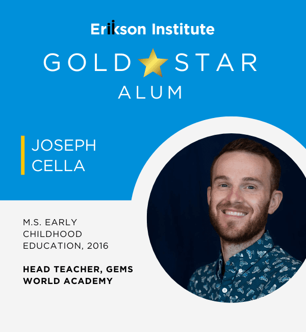 gold star alum award honoring head teacher Joseph Cella with a headshot of a man in a blue patterned button up