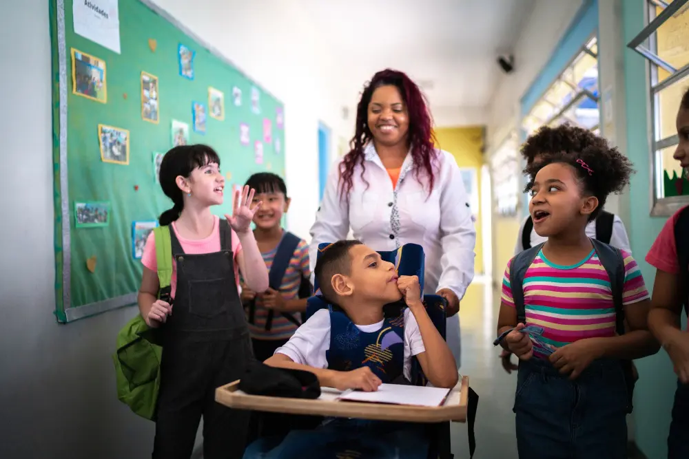 A young child in a community setting, present in the everyday spaces where adults make decisions that shape their world