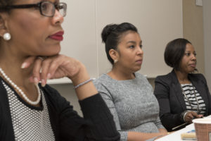 A recent On the Table event at Erikson institute drew participation from the 2016 Barbara Bowman Leadership Fellows and other community leaders. From left: Pamela Staples, a 2014 Illinois Early Childhood Senior Leader program alumna; 2016 fellow Bessie Alcantara; and 2016 fellow Talina Carter Bowie.